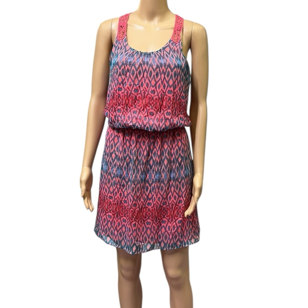 Express Pink Blue Geo Print Crochet Back Elastic Waist Sleeveless Mini Dress S